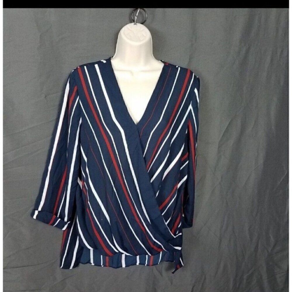 Atmosphere US Size 10 Navy Maroon Stripe Faux Wrap Blouse High Low V Neck Career